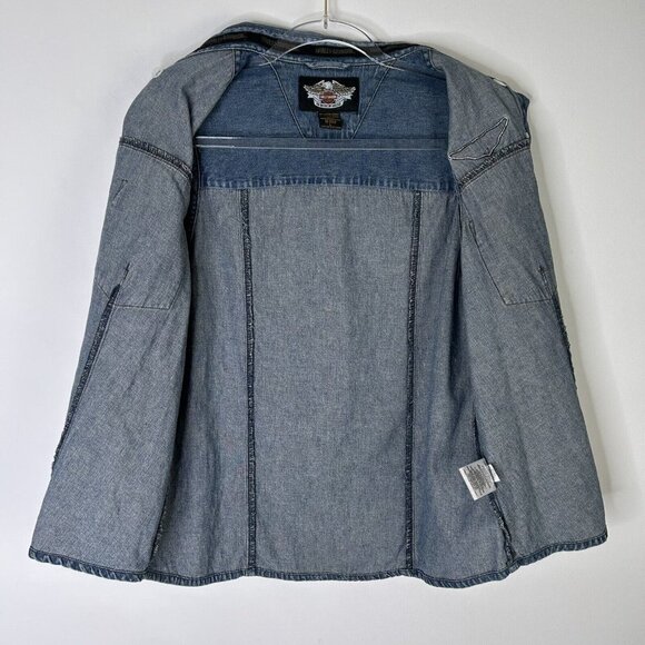 Harley Davidson Denim Jean Vest Womens Size Large Logo Buttons Biker Cut - Picture 2 of 13